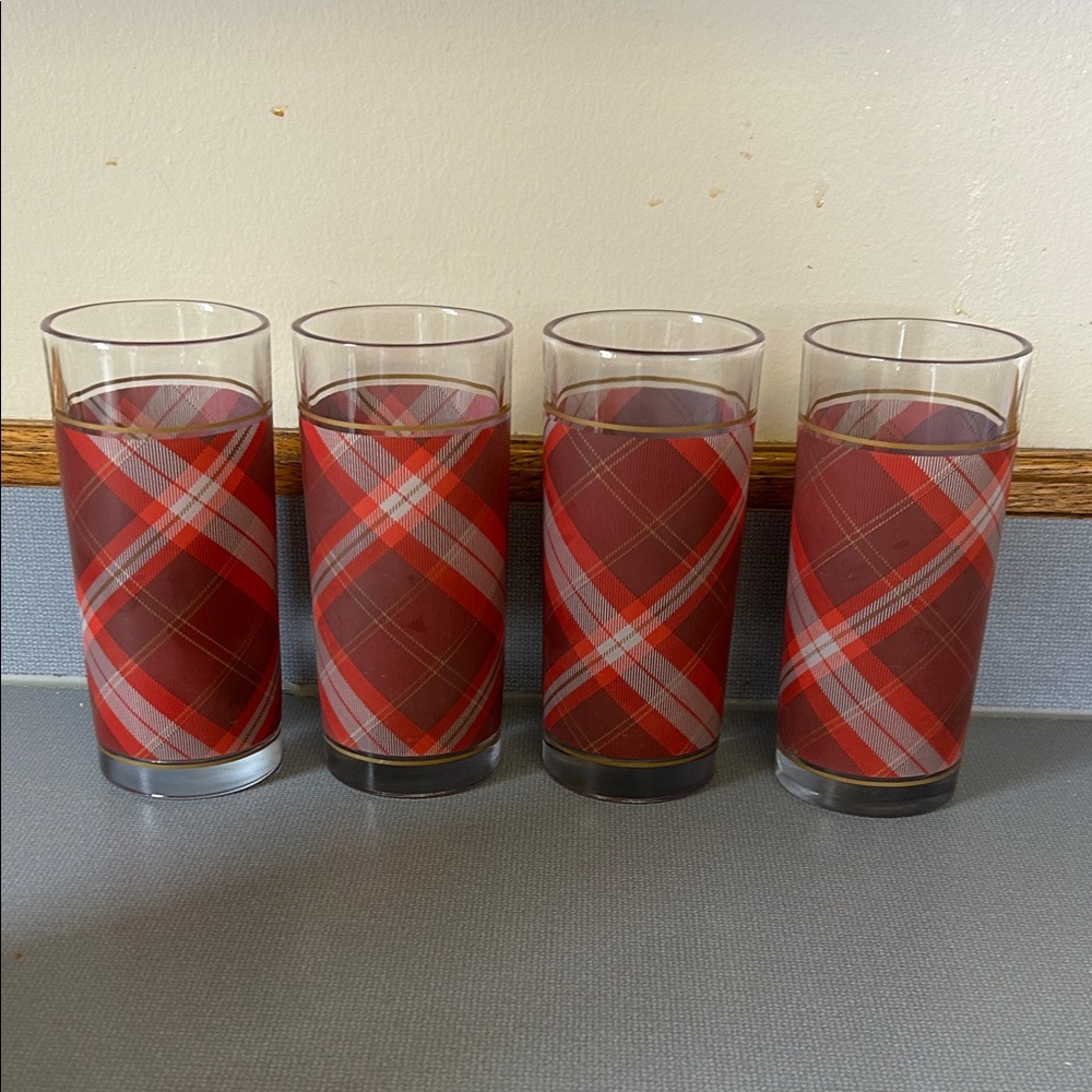 Vintage Red Plaid Highball Glasses - Set of 4